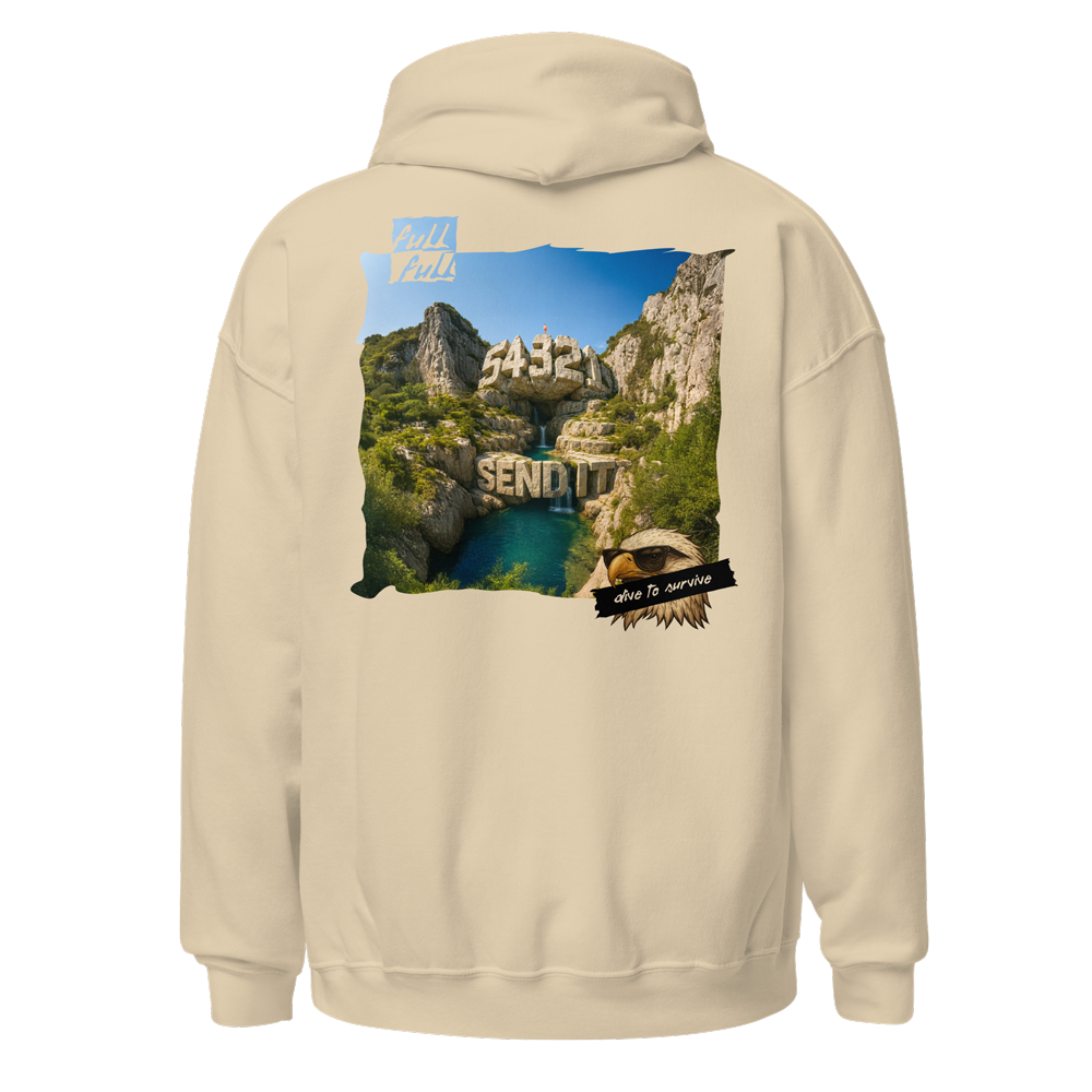 Hoodie avec une illustration d'un plongeur en haut d'une falaise 54321, send it ! Cliff diving fullfull