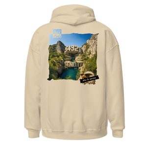 Hoodie avec une illustration d'un plongeur en haut d'une falaise 54321, send it ! Cliff diving fullfull