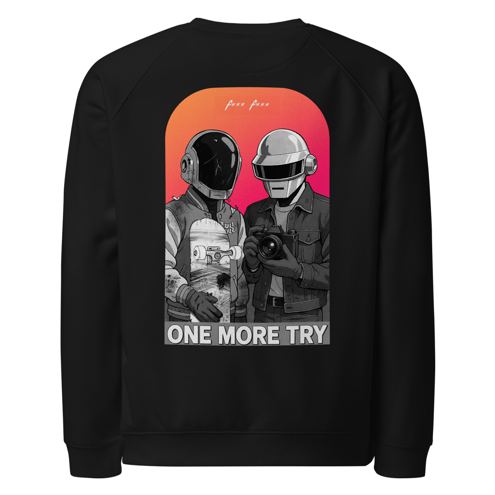 Sweatshirt représentant 2 dj français, un avec un appareil photo et l'autre avec un skateboard à la main