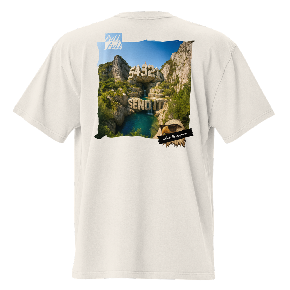 T-shirt avec une illustration d'un plongeur en haut d'une falaise 54321, send it ! Cliff diving fullfull